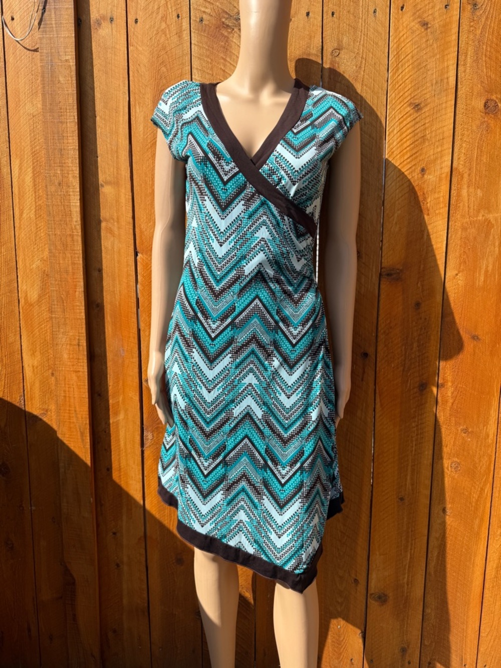 La Belle Turquoise Chevron Faux Wrap Asymmetrical Dress with Brown Trim - Large